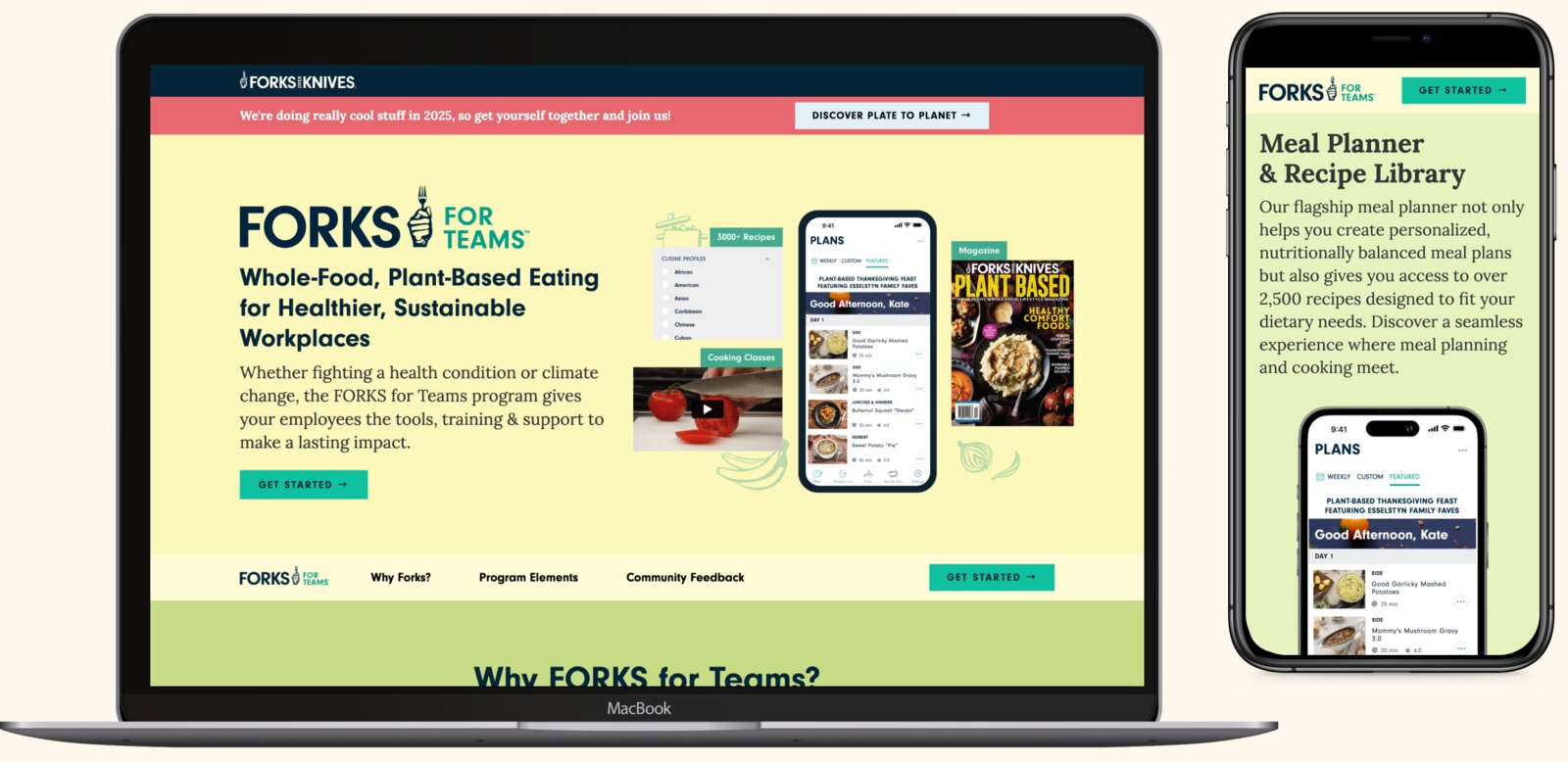 Forks Over Knives B2B landing page shown on a MacBook and iPhone