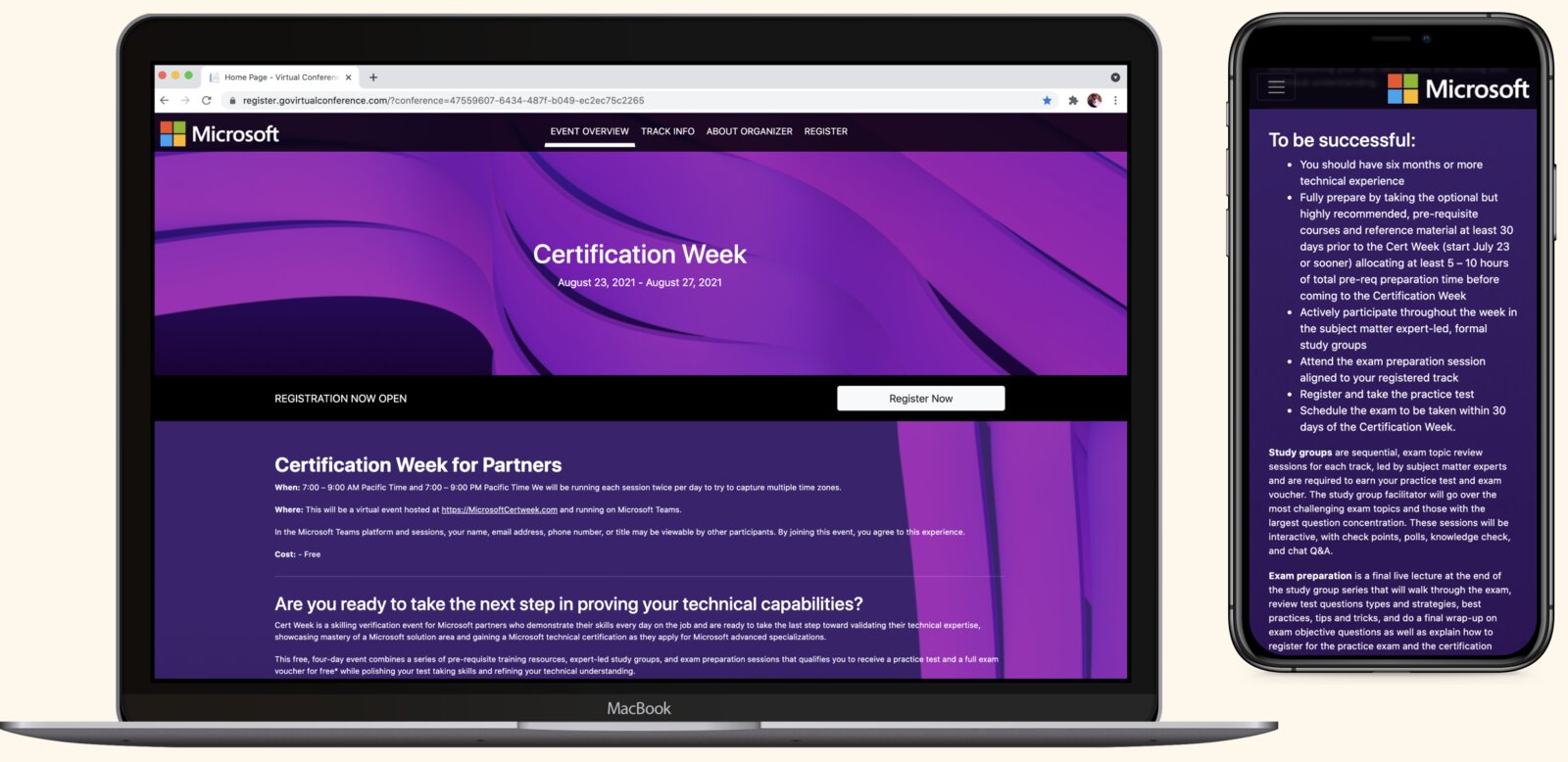 Microsoft conference registration site on a MacBook and iPhone