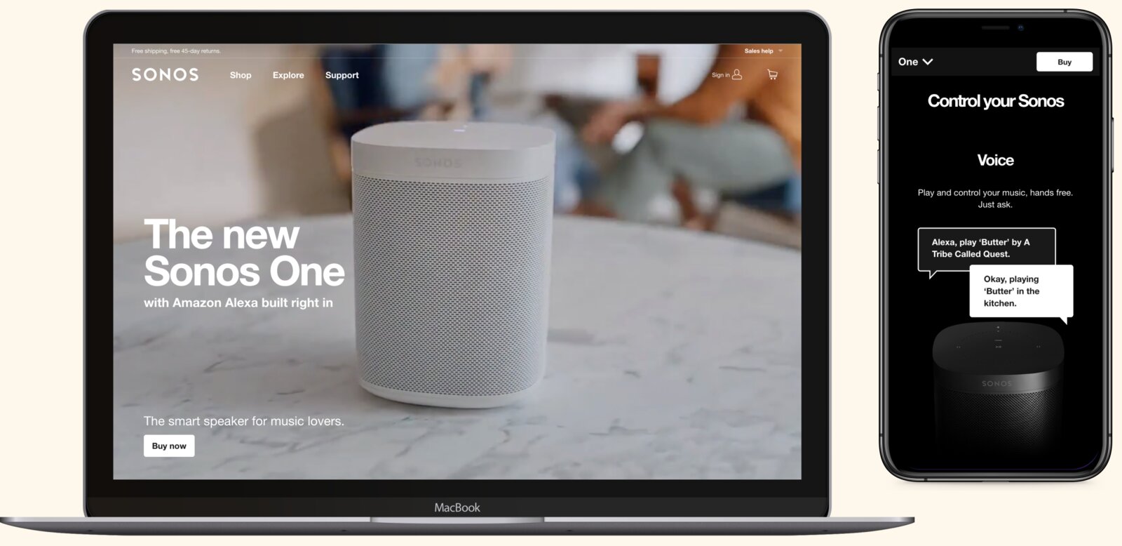 Sonos.com ecommerce site on a MacBook and iPhones