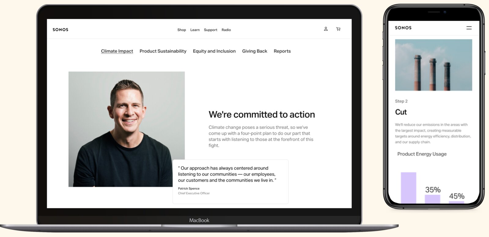 Sonos sustainability website on a MacBook and iPhone